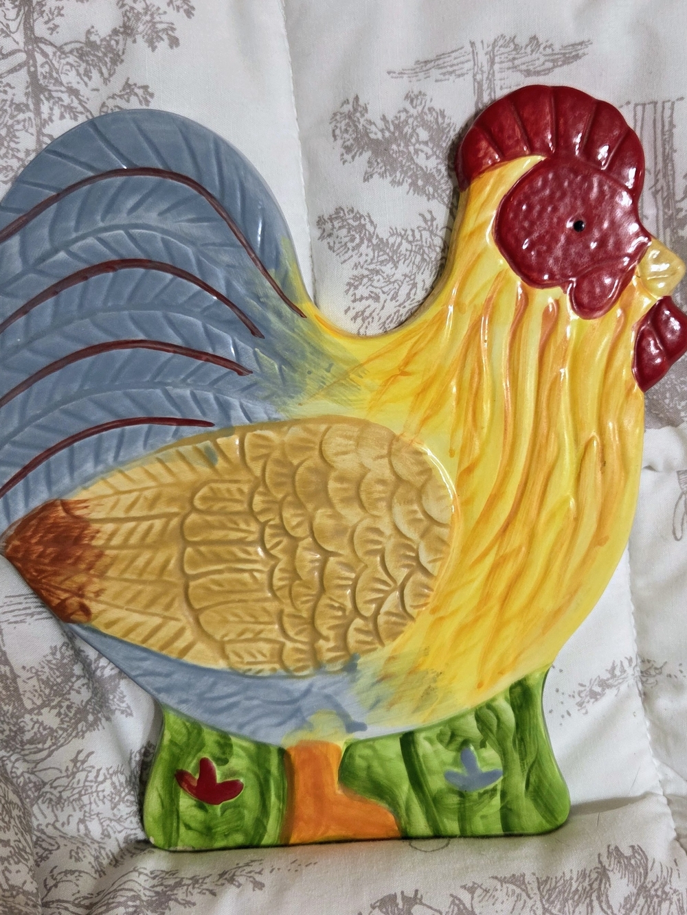 Ceramic Rooster Wall Plaque - Yellow & Blue Decorative Kitchen Accent
